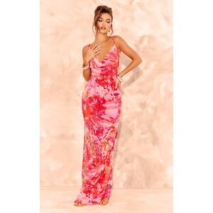 PRETTYLITTLETHING Pink Floral Print Sheer Chiffon Lace Up Back Midi Dress 6